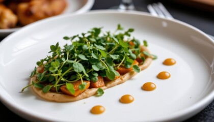 Freshly prepared gourmet dish with microgreens and colorful vegetables served on a white plate with artistic sauce drizzles for elegant dining presentation