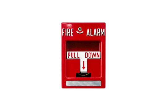 Red fire alarm pull station isolated. High-resolution image perfect for emergency preparedness, fire safety awareness, building equipment, and instructional materials, clipping path, transparent