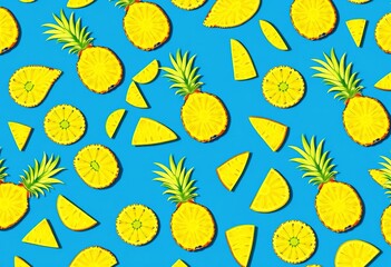 Seamless pattern of vibrant yellow pineapple slices on a solid blue background,  illustration,  food