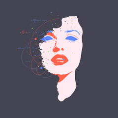 Abstract Woman's Face with Formulas. Art, science and beauty concept.