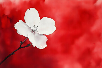 Delicate white blossom against a vibrant red background.