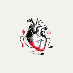 Heartbeat of Music. Anatomical heart with earphones concept.