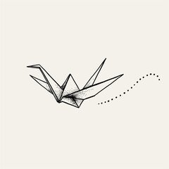 Hand-Drawn Origami Crane in Flight. Stippled paper bird of hope.
