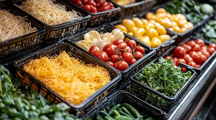 Fresh pasta and vegetables in grocery store display