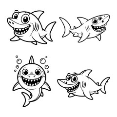 Funny Cartoon Shark Outline Isolated on White Background