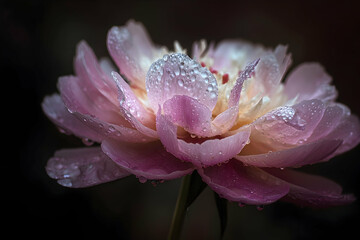 Close-up of a delicate pink peony covered in water droplets.