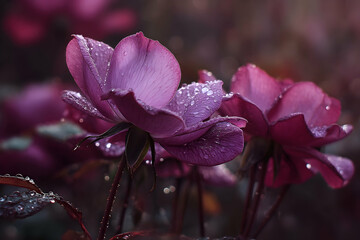 Close-up of vibrant purple roses with water droplets.