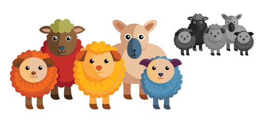 Adorable cartoon sheep and lambs of varying colors in a whimsical vector illustration suitable for children's books or design elements.