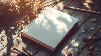 notebook mockup on rough wooden table with sunlight filtering through leaves, soft dappled light and shadows, scattered dried flowers and paintbrushes, artistic and natural mood.