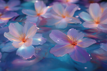 Delicate pastel blossoms floating on rippling water.