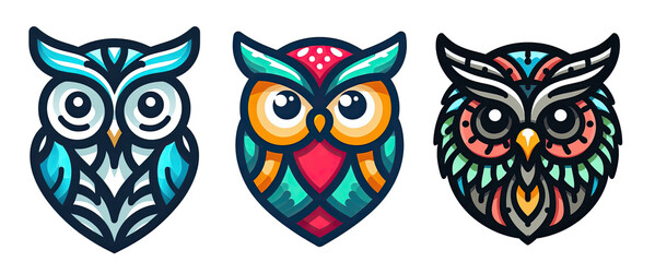 Set of Three Stylized Owl Heads with Intricate Patterns and Colorful Designs, Wisdom Symbol, Isolated on Transparent Background