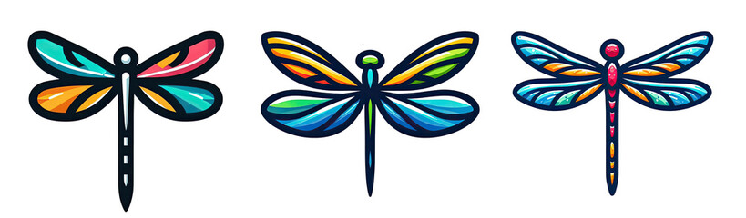 Set of Three Colorful Stylized Dragonfly Icons with Vibrant Wings, Insect and Nature Design Elements, Isolated on Transparent Background