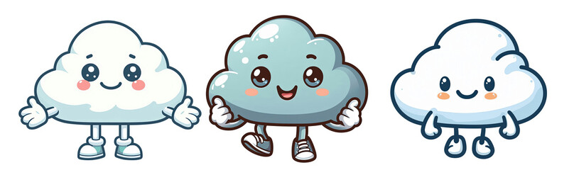 Cute Cartoon Cloud Characters Set with Faces and Expressions, Weather Elements, Isolated on Transparent Background