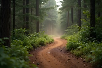 Fototapeta premium Dirt bike track curving into the dense forest trail with dust still settling. 