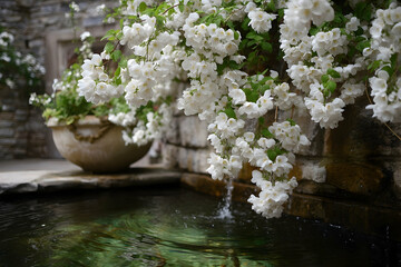 White flowers cascading over a stone wall and water feature.