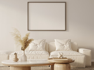Horizontal Frame Mockup Above Sofa in Minimalist Japandi Living Room – Warm Oak and Beige Theme