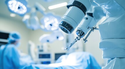 A dynamic view of a surgeon using advanced robotic tools during a minimally invasive surgery in a modern, high-tech operating room, Technical style