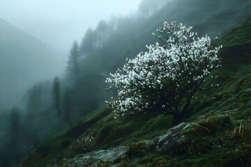 Misty mountainside with flowering tree.