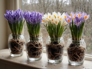 Hyacinths & Crocus forcing in glass vases, roots tangled like lace