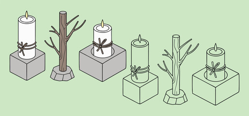 Artistic illustration of lit candles with decorative twine and a tree branch element placed on gray square bases