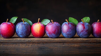 Fresh plums in a row on a rustic wooden surface