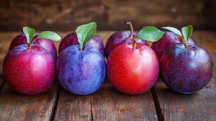 Fresh plums, various shades of red and purple, on a rustic wooden surface