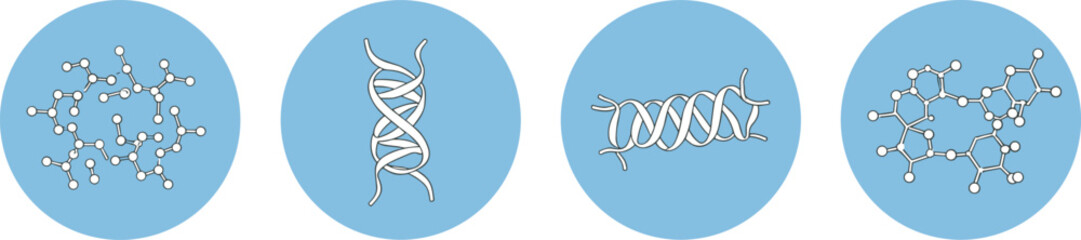 Scientific molecular structure illustration icons set with DNA, polymer chains, proteins, chemical compounds for biotechnology, research, medicine, and education

 flat vector illustration