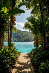 Fototapeta premium Sunlit Tropical Path Leading to Turquoise Lagoon Framed by Tall Palm Trees