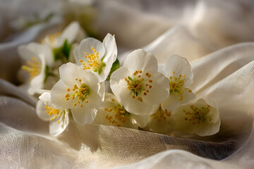 Delicate white flowers on a sheer fabric.