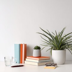 Books, plant, and desk accessories on white surface