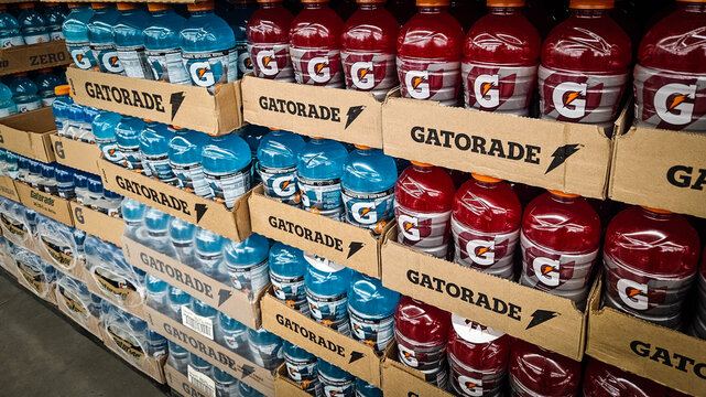 A close-up of Gatorade assorted flavor bottles on display in a suburban Minneapolis retail store area in June 2025.