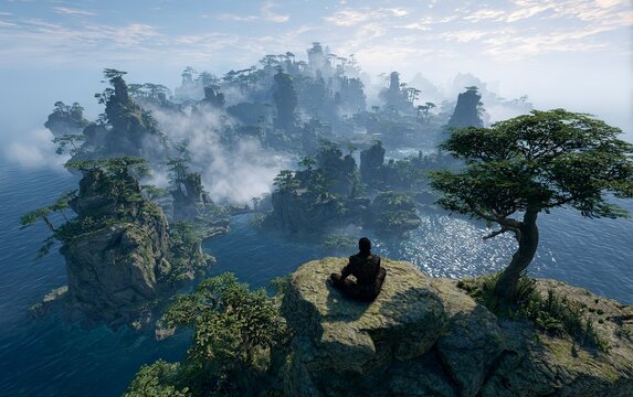 Scene from the 2039 remaster of the elder scrolls 3 morrowind in unreal 5 engine standing on the top of vivek hlaalu island 
