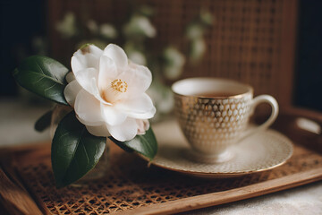 Delicate white camellia flower beside a cup of tea.