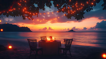 A romantic dinner setup on the beach at sunset