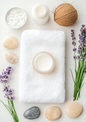 Spa essentials including cream, coconut, lavender, stones, and a white towel arranged neatly on a light surface.