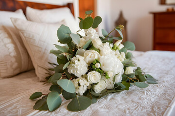 Elegant white floral bouquet resting on a bed.