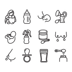 Collection of breastfeeding line icons. Contains icons such as breastfeeding mother, breast pump, formula milk, and more.