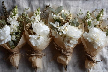 Fototapeta premium Elegant white flower bouquets wrapped in kraft paper.