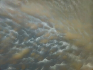 looking up at mammatus clouds. pouch-like cellular looking formations that hang beneath the base of...
