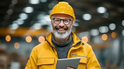 Smiling warehouse worker with a hard hat and tablet inspecting inventory in an industrial setting - Powered by Adobe