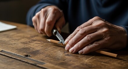 Elderly Man Sharpening Pencil with Knife Close-Up on Wooden Desk