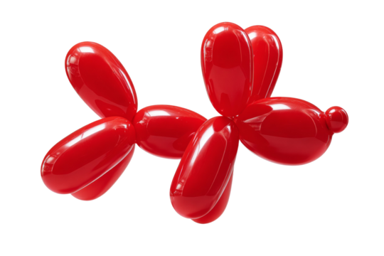 A red balloon dog is sitting on a white background