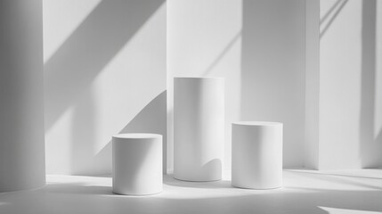 Three white cylindrical podiums in a sunlit room.