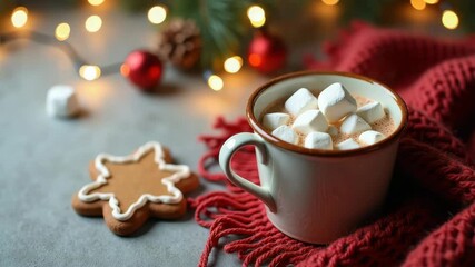 A Festive cup of hot chocolate topped with marshmallows, next to a gingerbread cookie and cozy red scarf with Christmas lights. - Powered by Adobe