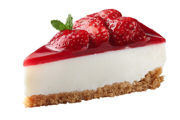 A slice of strawberry cheesecake with a strawberry on top
