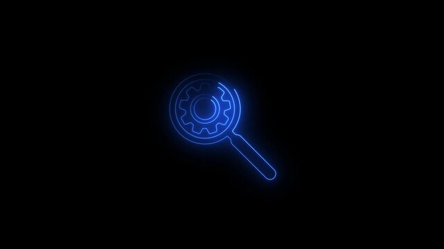 neon magnifying Glass with setting icon , 4k video.Search glyph icon, enlarge and exploration. search engine, searching concept logotype icon animation.