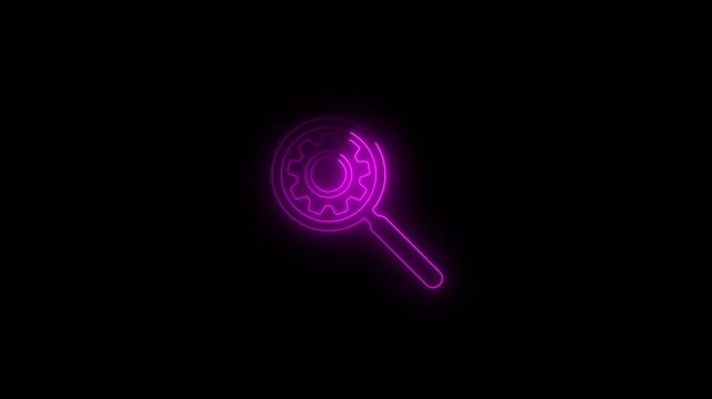 neon magnifying Glass with setting icon , 4k video.Search glyph icon, enlarge and exploration. search engine, searching concept logotype icon animation.