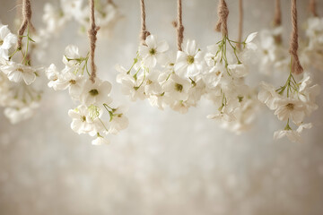 Obraz premium Delicate clusters of white flowers hanging from twine.