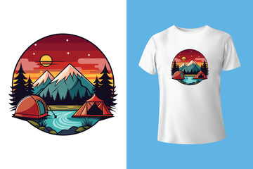 Nature camping landscape print. Outdoor terrain with mountain, waterfall in mug for t-shirt design. Beautiful adventure, wanderlust or explore