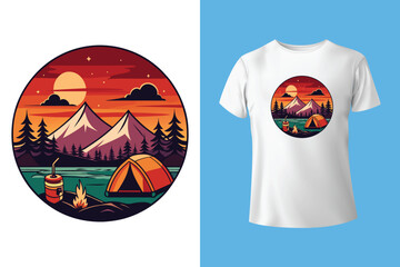 Nature camping landscape print. Outdoor terrain with mountain, waterfall in mug for t-shirt design. Beautiful adventure, wanderlust or explore